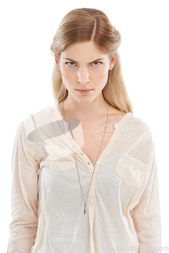 Image of Portrait, angry and woman in studio frustrated, annoyed or posing with bad mood on white background. Problem, conflict and face of female model with emoji expression for tantrum, rage or aggression