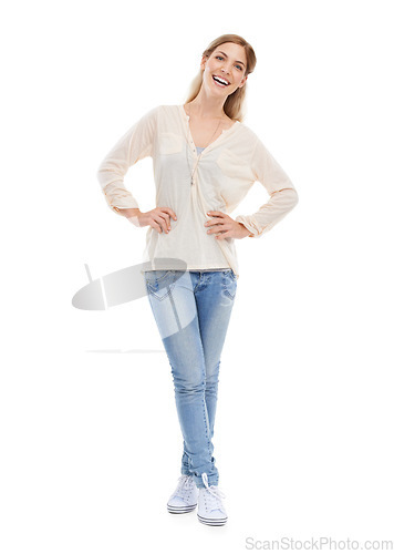 Image of Happy, fashion and portrait of woman in studio with casual, clothes or confidence on white background space. Fashionable, style or female model smile in comfortable, cool or trendy boho outfit choice