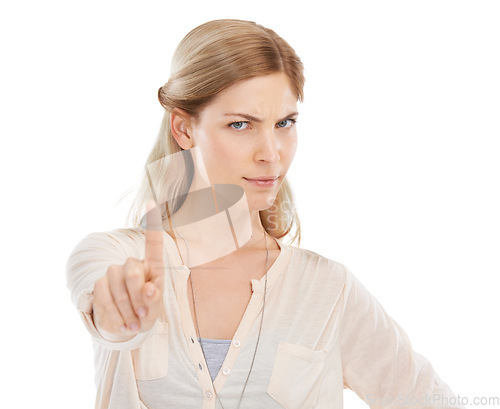 Image of Stop, no finger and portrait of angry woman in studio with warning, threat or sign for boundaries on white background. Wait, face or female model with protest hand emoji for limits, order or security