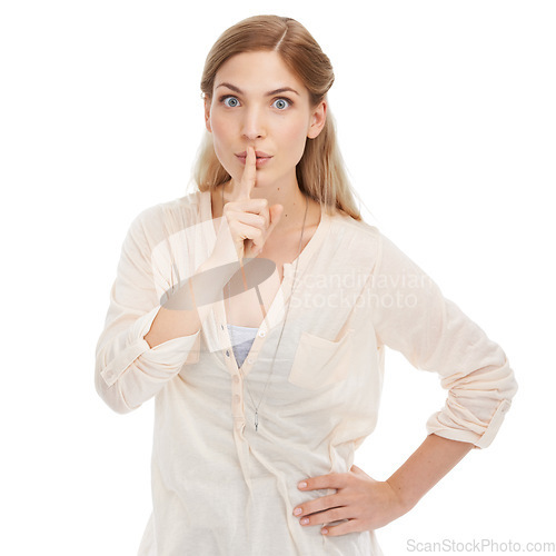 Image of Gossip, portrait and woman with finger on lips in studio for whisper, noise, or stop on white background. Face, hands or female model with emoji sign for confidential, secret or private, hush or news