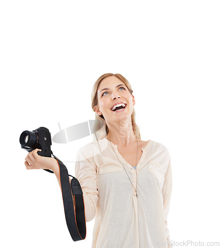 Image of Thinking, photographer and happy woman with camera in studio isolated on a white background mockup space. Creative person, paparazzi and technology for hobby, taking pictures or professional shoot