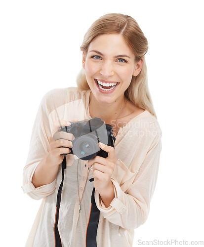 Image of Portrait, photographer and excited woman with camera in studio isolated on a white background. Funny face, paparazzi and technology for hobby, taking pictures and creative professional photoshoot