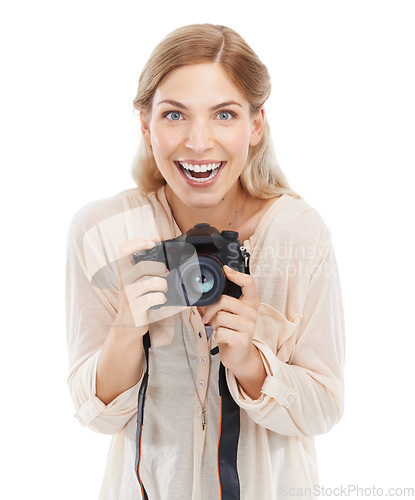 Image of Portrait, creative photographer and excited woman with camera in studio isolated on a white background. Funny face, paparazzi and technology for hobby, taking pictures and professional photoshoot