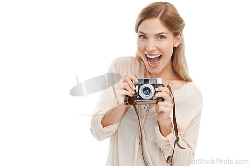 Image of Portrait, photographer and excited woman with camera in studio isolated on a white background mockup. Face, paparazzi and retro technology for hobby, take pictures or creative professional photoshoot