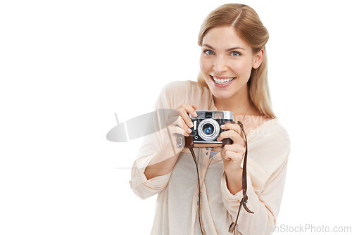 Image of Happy woman, portrait and camera in studio for photography, photoshoot or memory on white background. Lens, equipment and face of female photographer with creative, hobby for artistic expression