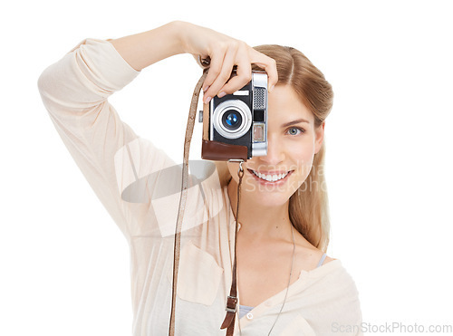 Image of Portrait, happy woman and camera in studio for photography, photoshoot or memory on white background. Lens, equipment and face of female photographer with creative, hobby for artistic expression