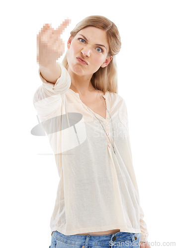 Image of Frustrated, portrait or woman with middle finger in studio for attitude, feedback or opinion on white background. Angry, rude or lady model face with hate, hand or emoji, sign or reaction to conflict