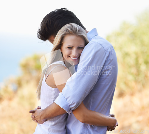 Image of Happy woman, love and portrait of couple hug for support, romantic care and connection with marriage partner. Relax outdoor wife, girlfriend or soulmate embrace for relationship commitment in nature