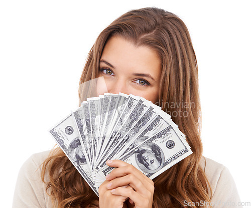 Image of Portrait, dollars and studio woman with money, credit or bills for financial freedom, savings budget or salary income. Finance success, competition prize and face of cash winner on white background