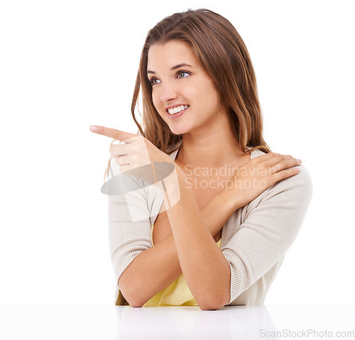 Image of Deal, happy woman or pointing to offer, announcement or advertising space on white background. Smile, studio or model with presentation for marketing of promotion, sale information or ads commercial