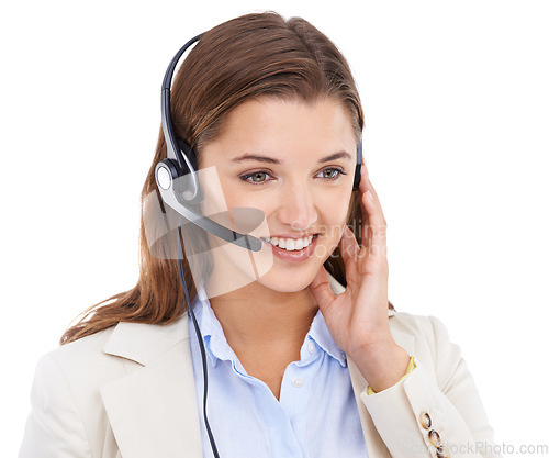 Image of Customer service, headset or face of happy woman on business communication, telemarketing or help desk advisory. Tech support studio, microphone or professional consultant talking on white background