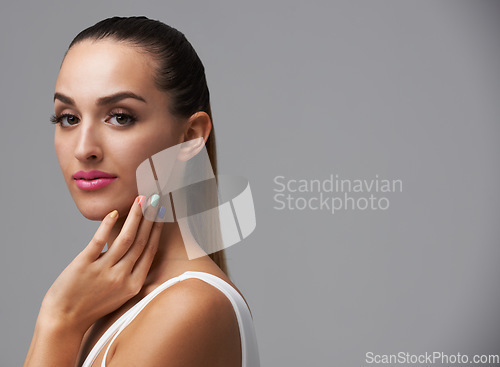 Image of Cosmetics portrait, manicure color and woman with studio makeup, beauty care or creativity in hand paint design. Nail salon, fresh treatment and spa wellness girl with mockup space on grey background