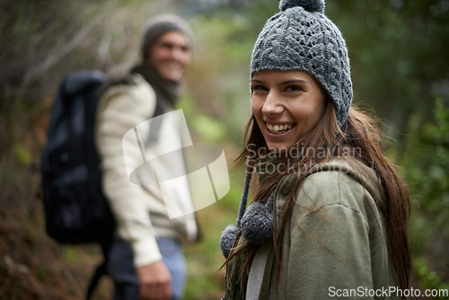 Image of Nature portrait, happy woman or couple on hiking journey, travel adventure or mountain climbing walk. Woods, love or face of girlfriend, wife or partner trekking for morning exercise in Canada forest