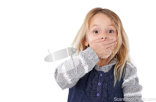 Image of Portrait, girl and kid cover mouth, surprise and expression isolated on a white studio background. Model, mockup space and child with announcement and shocked with reaction and wow with omg or secret