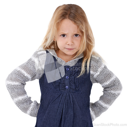 Image of Portrait, angry and girl with expression, kid and emotion isolated on white studio background. Mockup space, model and child with reaction and frustrated with emoji and cross with attitude or tantrum