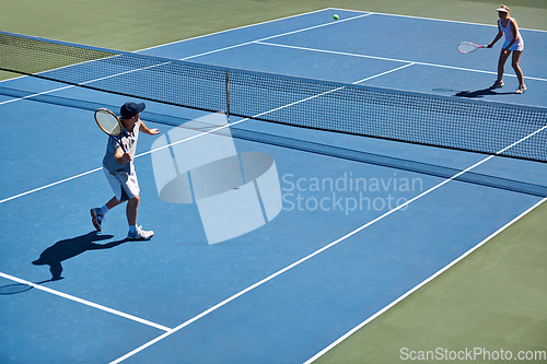 Image of Sport, people and tennis on court with fitness, competition and performance outdoor with match and energy. Athlete, player and ball on turf for training, exercise or racket with skill, game and hobby