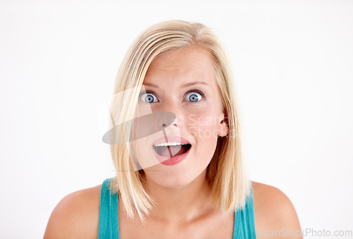 Image of Wow, shock and surprise, portrait of woman with fake news or announcement of discount sale in studio. Person with confused face, emoji or meme for gossip drama with girl isolated on white background.