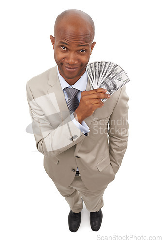 Image of Happy businessman, portrait and money fan for savings, investment or growth on a white studio background. Face of young black man smile with cash, dollar bills or finance profit in financial freedom