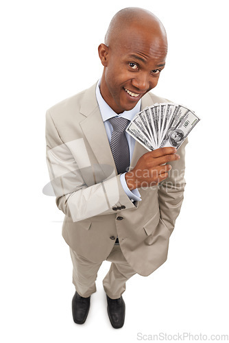 Image of Happy black man, portrait and money fan for savings, investment or growth on a white studio background. Face of young businessman smile with cash, dollar bills or finance profit in financial freedom