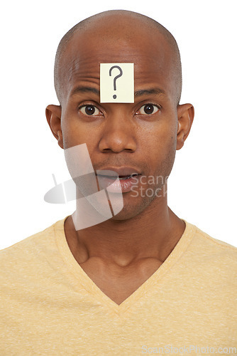 Image of Portrait question mark sticker or black man with sign or doubt for decision, ideas or problem solving. Confused, face or model in studio with why icon, font or paper for solution on white background