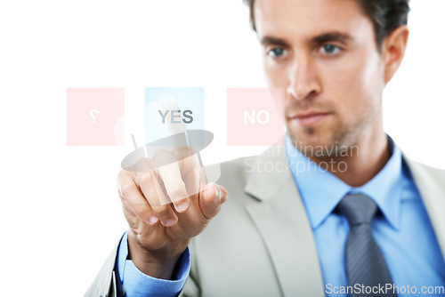 Image of Businessman, UI and touching hologram with yes icon for decision, question or interaction on mockup space. Man or employee with display for UX, choice or selection against a white studio background