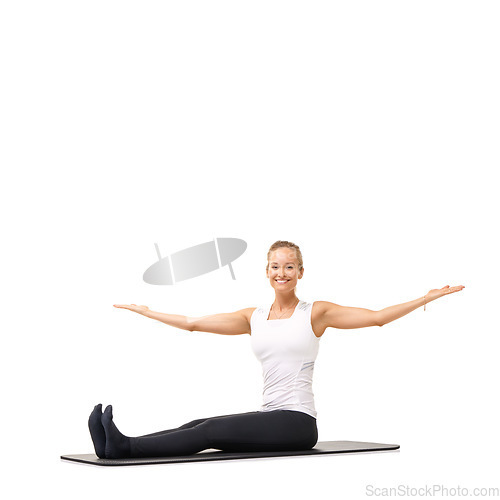 Image of Yoga, wellness and portrait of woman in studio for stretching, exercise and health. Workout, fitness and self care with female person on floor of white background for pilates, body and mockup space