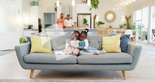 Image of Black girl children, tablet and streaming, relax on couch with elearning or watching cartoon movie with sisters at home. Young female kids, screen time and subscription, education app or film online