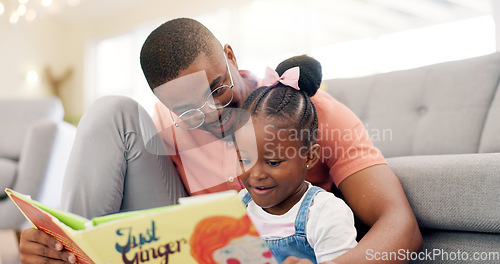 Image of Reading, father and story with girl for learning in lounge for education or quality time. Kid, books and parent for support on floor or fun with growth for childhood at house with happy family.