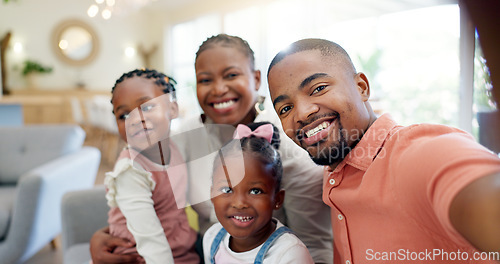 Image of Black family, selfie and memory with parents and children at home, love and bonding, happy and social media. Live streaming, happiness and portrait, together and people smile in picture for post