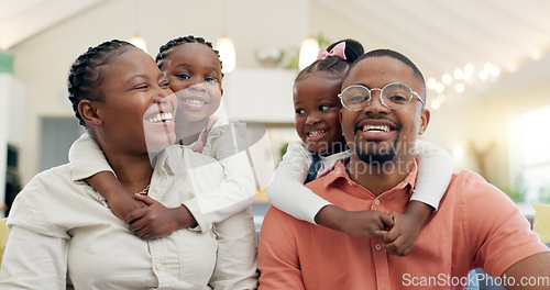 Image of Black family, face and happy with parents and children at home, love and bonding with hug and spending time together. Man, woman and girl kids, happiness and portrait and people smile in living room