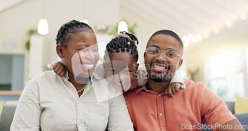 Image of Black family, face and happy with parents and kid at home, love and bonding with hug and spending time together. Man, woman and girl child, happiness and portrait and people smile in living room