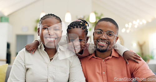 Image of Black family, face and happy with parents and kid at home, love and bonding with hug and spending time together. Man, woman and girl child, happiness and portrait and people smile in living room