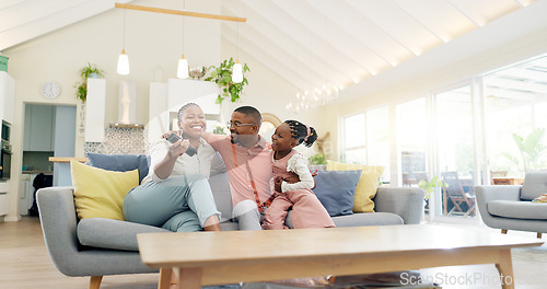 Image of Support, black family on sofa and in living room of their home happy together smiling. Support or care, happiness or bonding time and African people cuddle on couch in their house for positivity