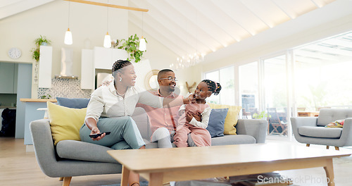 Image of Support, black family on sofa and in living room of their home happy together smiling. Support or care, happiness or bonding time and African people cuddle on couch in their house for positivity