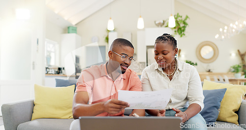 Image of Finance, budget and couple with laptop on sofa with bills, paperwork and life insurance documents. Financial planning, mortgage and black man and woman on computer for pension, payment or investment