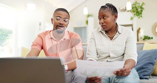 Image of Finance, documents and couple with laptop on sofa with bills, paperwork and insurance budget. Financial planning, mortgage and black man and woman on computer for pension, tax payment or investment