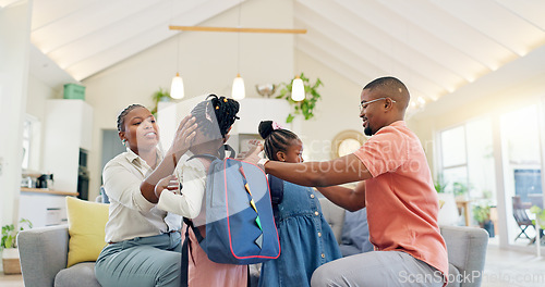 Image of Black family, education and children with backpack for school, kindergarten and high five from dad for support and motivation. Kids, students and parents helping to get ready, say goodbye and leave