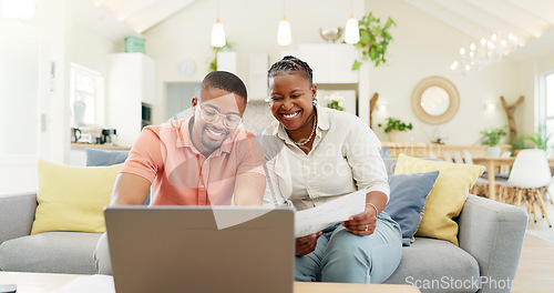 Image of Technology, married couple celebrating and laptop on a sofa in living room of their home. Social media or online communication, success or high five and black people together happy for connectivity