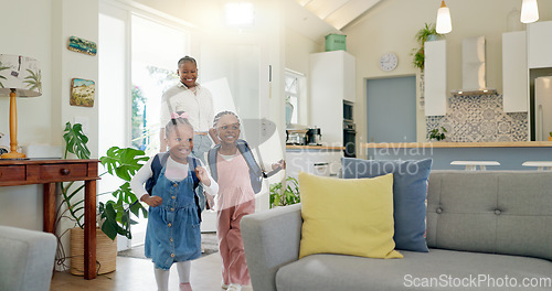 Image of Father, family hug and student after school with love and support in a home feeling happy. House, living room and dad with children and youth with smile and young kids with papa and parent care