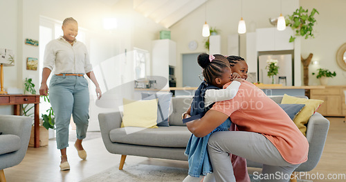 Image of Father, hug and student after school with love and support in a home feeling happy. House, living room and dad with children and youth with a family and young kids together with papa and parent care