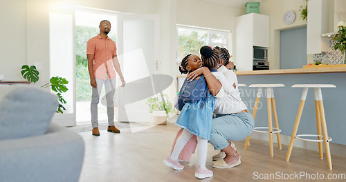 Image of Mom, hug and student going to school with love and support in a home feeling happy. House, living room and mother with children and youth with a family and young kids with mama and parent care