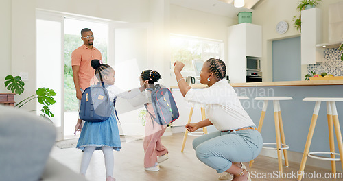 Image of Black family, mother and wave at kids going to school with love, care or affection. Goodbye, parents and girls leaving house for kindergarten, learning or education in the morning with father in home