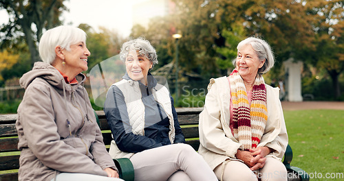 Image of Senior, women and friends pointing in park with view and retirement smile in a garden. Nature, holiday and conversation with elderly female people on vacation feeling happy from bonding and freedom