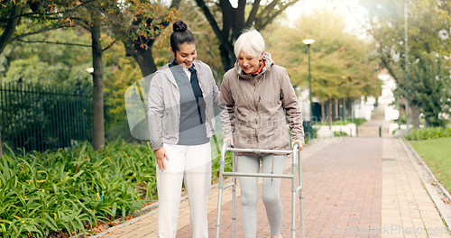 Image of Senior woman, walker and nurse outdoor in a park with healthcare for elderly exercise. Walking, healthcare professional and female person with peace and physical therapy in a public garden with carer