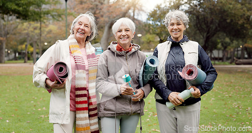 Image of Old women, friends and yoga in the park, fitness and smile in portrait, health and retirement together. Female people in nature, exercise mat and pilates class with pension, community and wellness