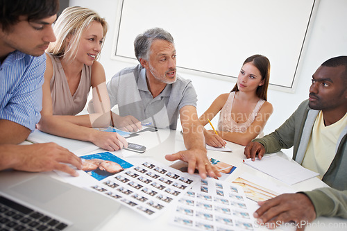 Image of Magazine, meeting and planning design with people and review of photoshoot and photography editing process. Office, table and team talking about print, results and decision for production of catalog