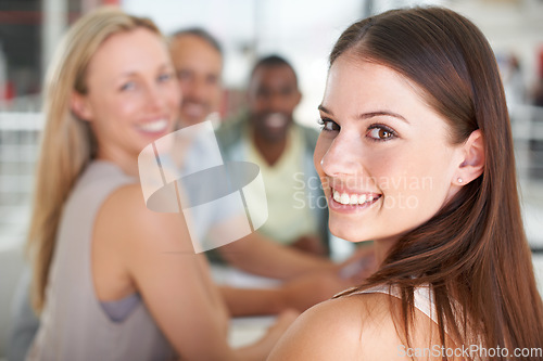 Image of Woman, portrait and boardroom for teamwork or confidence at creative agency as intern, learning or idea. Female person, face and smile at start up company or brainstorming project, meeting or career