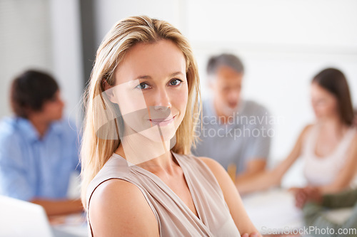 Image of Woman, portrait and boardroom for teamwork or meeting at magazine agency as collaboration, ideas or opportunity. Female person, face and confidence at company or brainstorming, professional or career