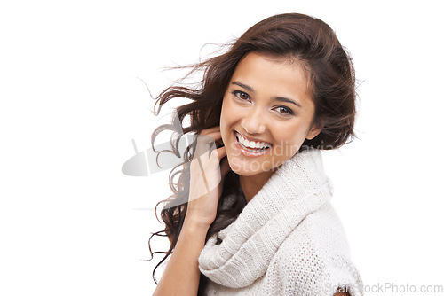 Image of Beauty, makeup and happy portrait of woman with healthy glow on skin in white background of studio. Dermatology skincare and girl smile for shine from hair care, treatment or cosmetics in Brazil