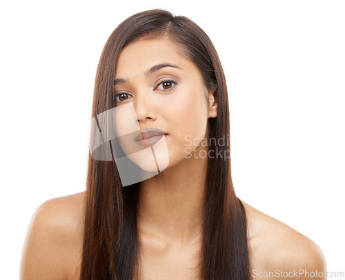 Image of Portrait, hair care and woman with volume, wellness and treatment isolated on a white studio background. Face, Indian person and model grooming for scalp, beauty or growth with shine and aesthetic